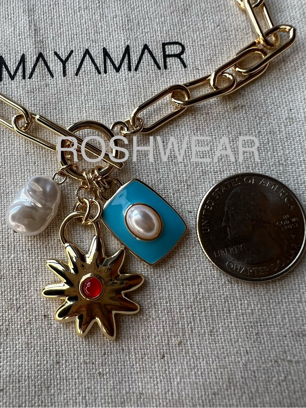 Gold-Link Charm Necklace with Faux Turquoise, Pearl & Red Accents NWOT - Picture 7 of 8